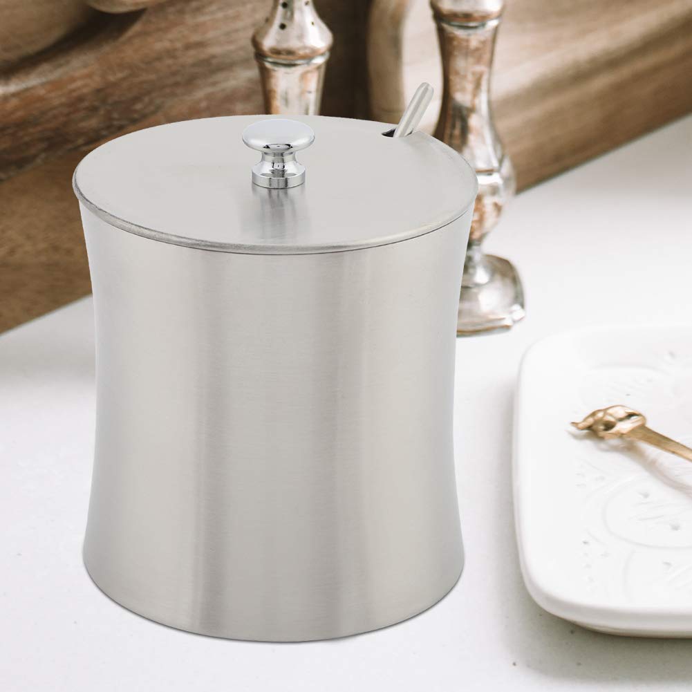 Agatige 13oz Sugar Bowl with Lid and Spoon, Stainless Steel Sugar Container Seasoning Jars Seasoning Condiment Spice Salt Pepper Pot Jar for Home and Kitchen, 3.1x3.1x 3.5in