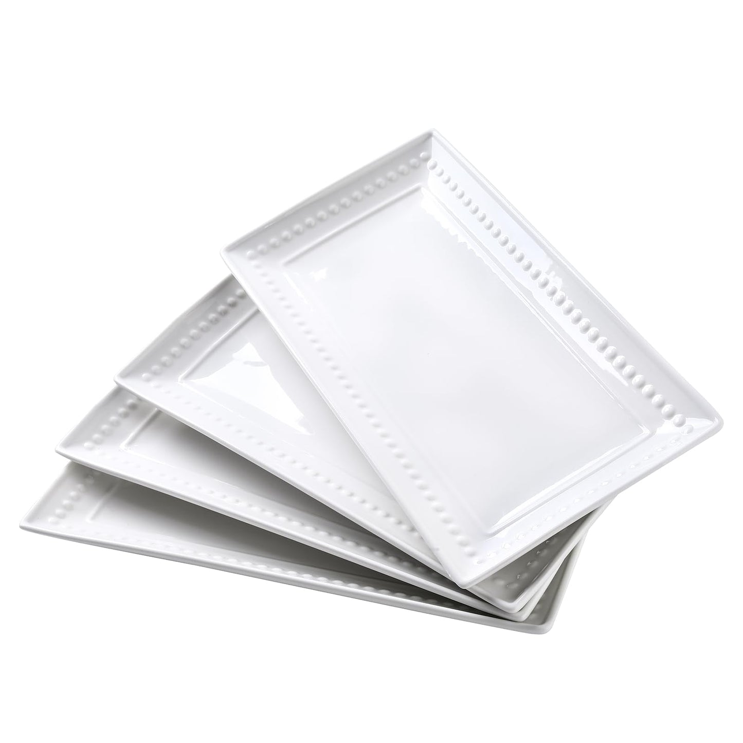 Feenmai 14 inch Ceramic Serving Platter - Rectangular Serving Trays Set of 4, Large Embossed Plates, Porcelain White Platters for Steak, Appetizer, Dessert, Tacos, Housewarming, Oven Dishwasher Safe