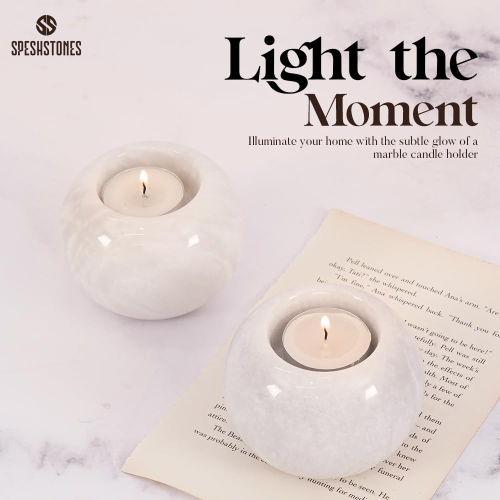 SPESHSTONES Marble Tealight Candle Holder 3.5 Inch White Gifts, Stone Holders for Votive Candles & Small Tea Lights Set of 2 for Birthday, Wedding Decorations