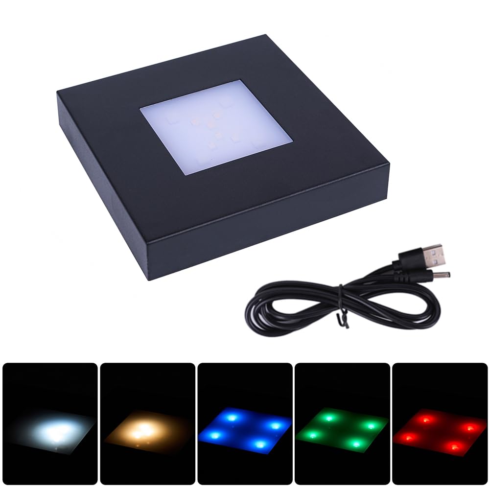 PHOSOK 4.33 inch LED Multimodal Multicolor Light Stand Base - Black Square Display Base for 3D Crystal Glass Art - USB/Battery Powered Crystal Stand