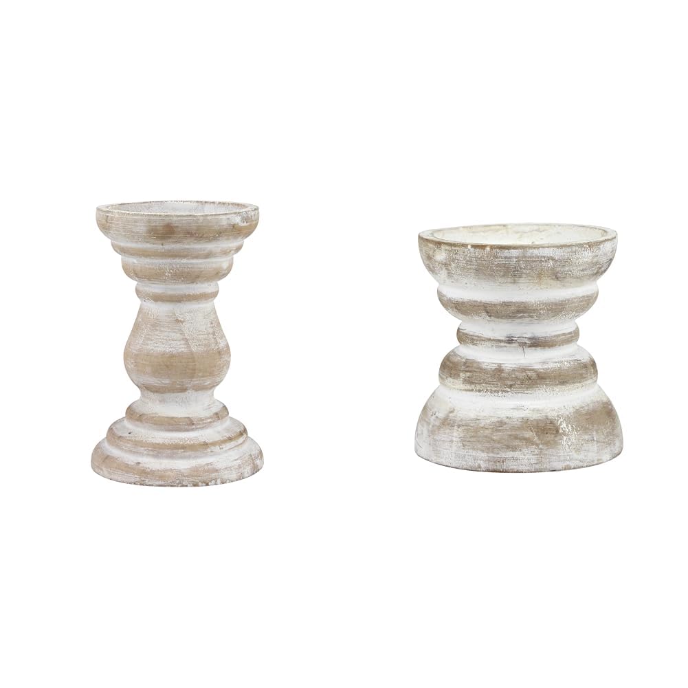 Stonebriar Antique White Wooden Pillar Candle Holders, Vintage Seaside Stand for Table Top, Medium and Small