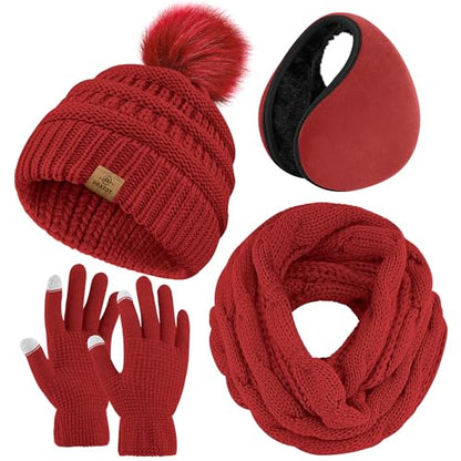 URATOT Winter Warm Sets Knitted Scarf Beanie Pompom Hat Touch Screen Gloves and Winter Ear Warmer Set for Men or Women