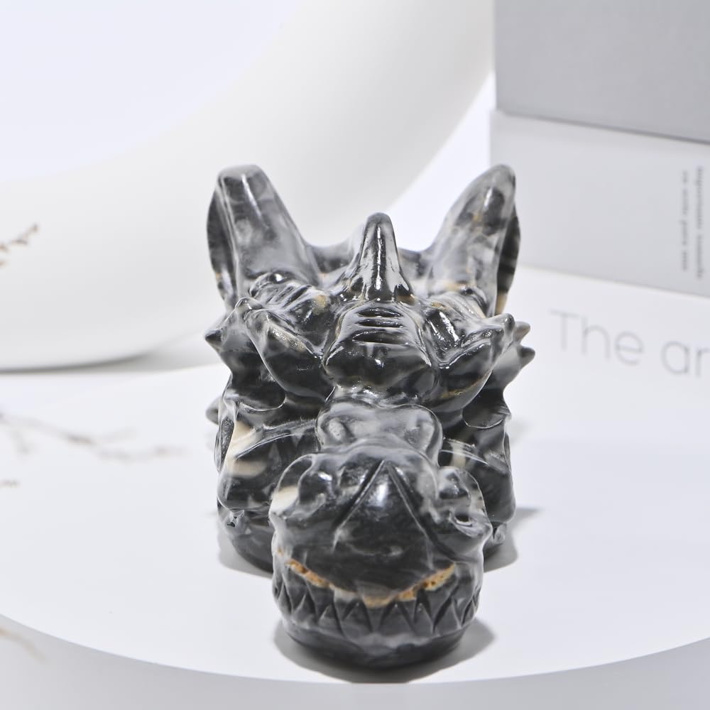 Bmuafry 6''Natural Dragon Head Crystal Skull Head Hand Carved Reiki Healing Stone Statue Healing Home Office Art Room Decoration (Picasso Stone, 6inch)