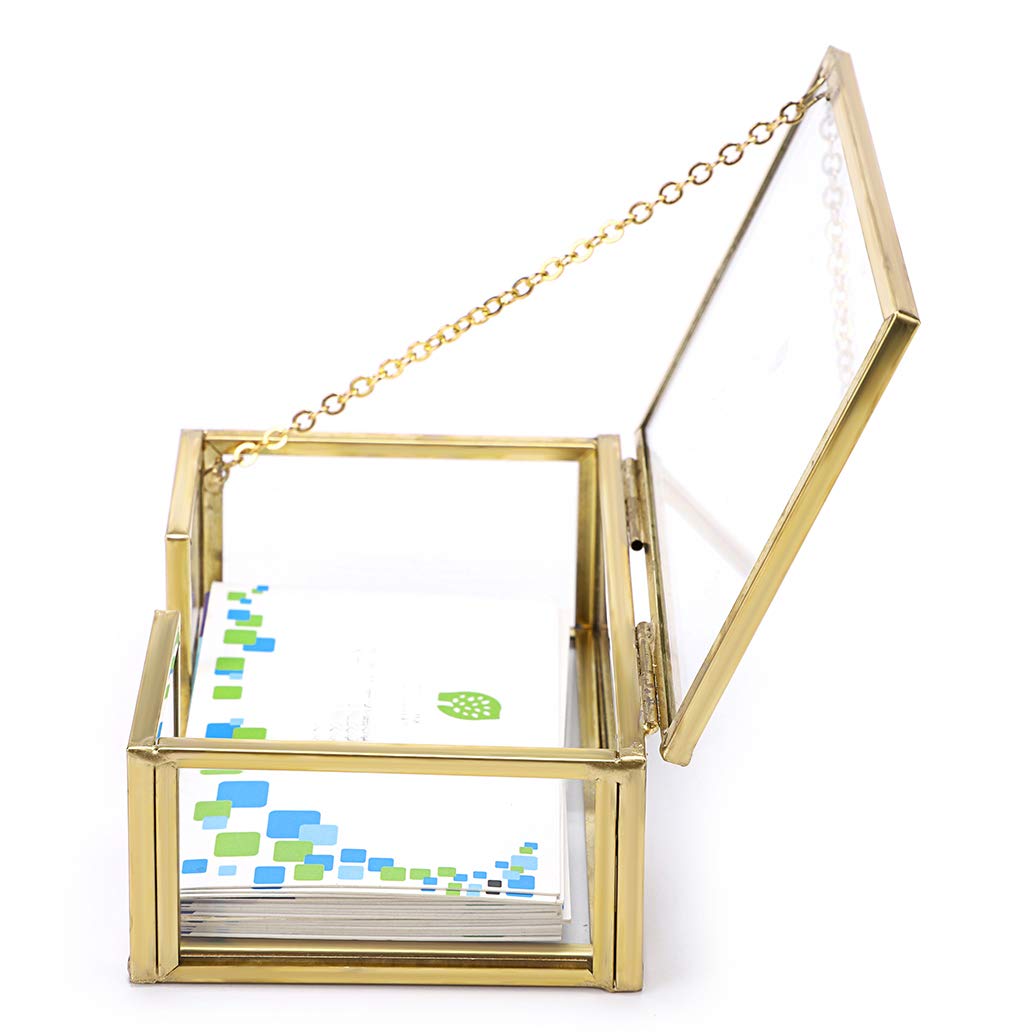 Hipiwe Glass Business Card Holder Box with Lid - Desktop Name Card Display Box Organizer Gold Metal Business card Container Box for Office Countertop