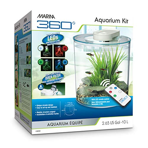 Marina 360 Aquarium with Remote Control LED Lighting, Multi-colour, 10 Litre,Blue,Green,Red