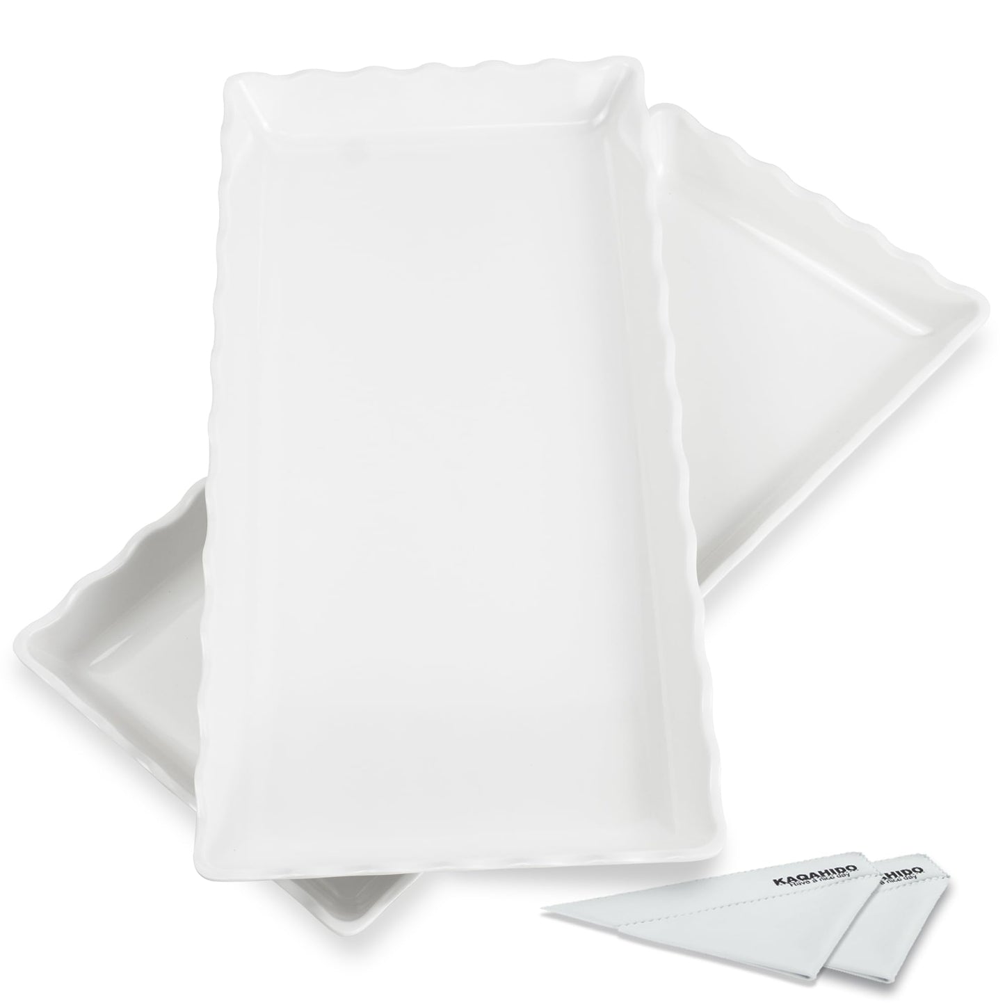 KAQAHIDO 17" x 8" x 1.5" White Serving Tray Set, Wave Edge Melamine Platters for Cookie, Appetizer, Charcuterie, Snack, Dessert, Party Food Display, Stackable, Set of 2