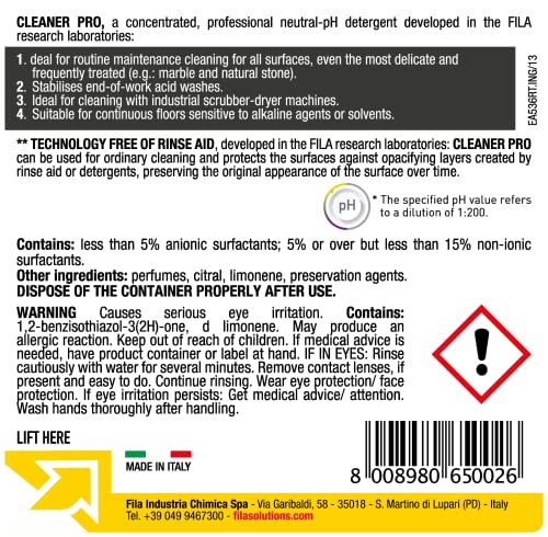 FILA Surface Care Solutions, CLEANER PRO, Concentrated Neutral Detergent - Up to 40 Washes - Hard Floor Cleaner Liquid for Floor Tiles in Marble, Porcelain, Stone etc, Laminate Floor Cleaner, 1L