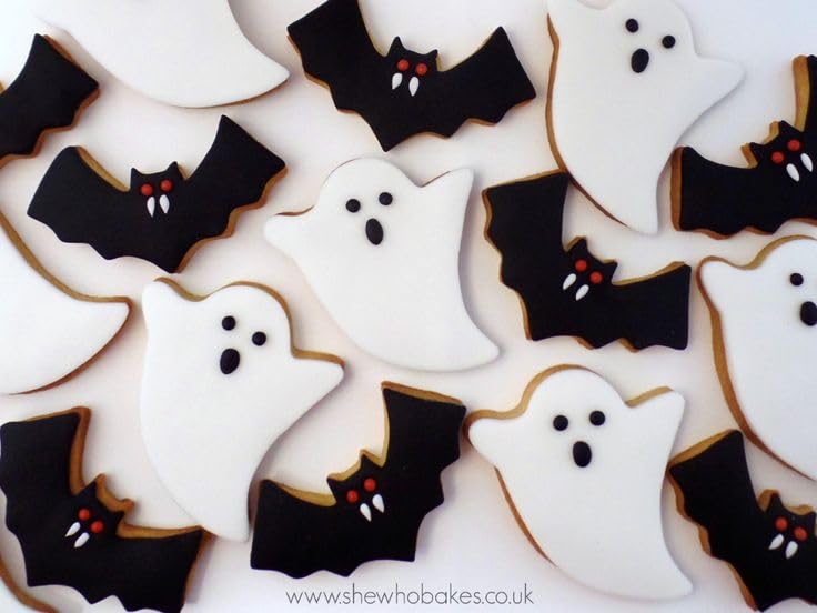 4PCS Large Halloween Cookie Cutters, Stainless Steel Metal Molds Pumpkin, Bat, Ghost, Wich's Hat Cookie Cutters with Decorating Instructions