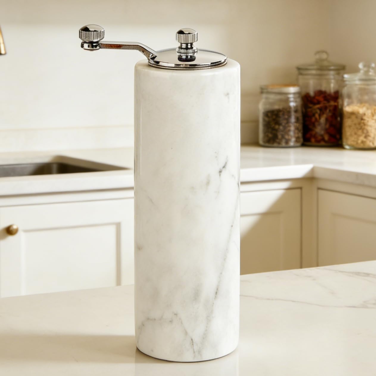 White Marble Salt and Pepper Shakers Adjustable Stone Grind Pepper Mill with Grey Veining and Stainless Steel,Rustic Salt and Pepper Set Holder Table Decor Marble Kitchen Supplies Modern Decor