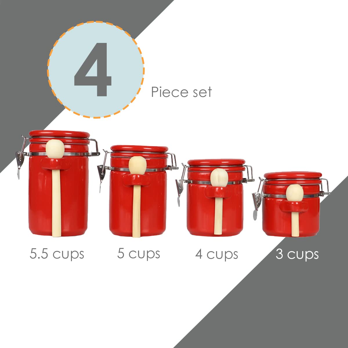 Canister Sets For The Kitchen (4 Piece Set) Red, High Gloss Ceramic | By Home Basics | Decorative | With Wooden Spoons, Countertop Set For Flour, Sugar, Coffee, and Snacks