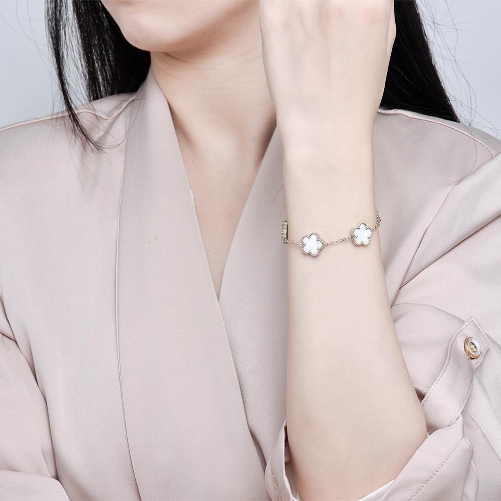 FLY FEI 18K Gold-Plated Four Leaf Clover Bracelet for Women,Adjustable lucky Bracelet Jewelry Gift-Hypoallergenic Charm for Birthdays, Wellness & Daily Wear(style02-White(silvery))