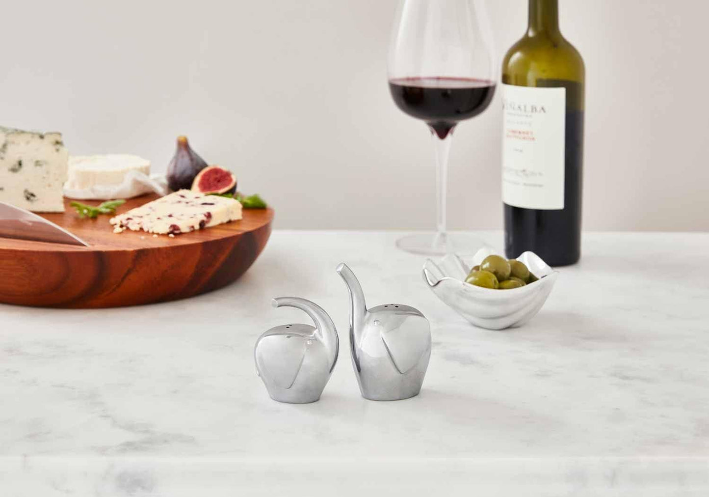 nambe Savanna Collection Elephant Salt & Pepper Shakers | Set of 2 for Home Décor | Measures at 3" x 3" x 3.5" | Made with Nambe Alloy | Designed by Neil Cohen