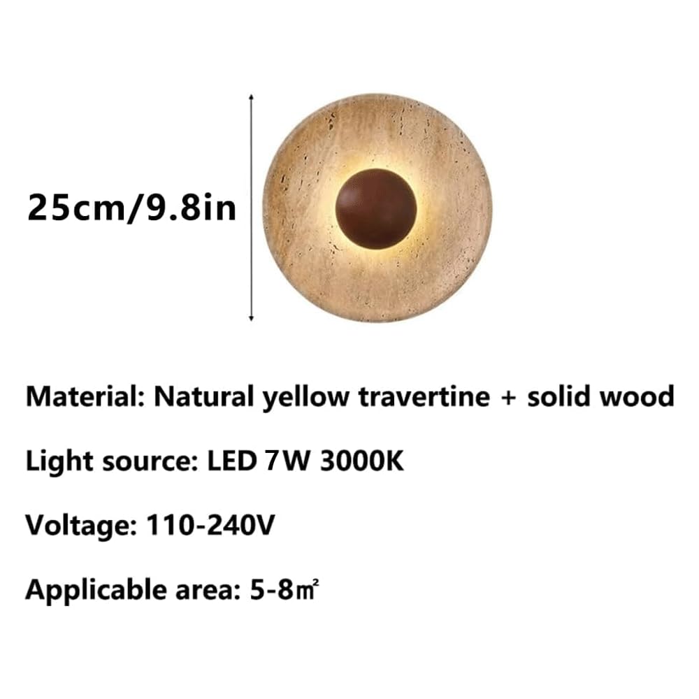 WFZRXFC Wall Sconce American Retro Minimalism Wall Light Round Yellow Travertine Interior Wall Lamp 7W LED Warm Light 3000K travertine sconce Wooden Decoration Living Room Wall Lighting