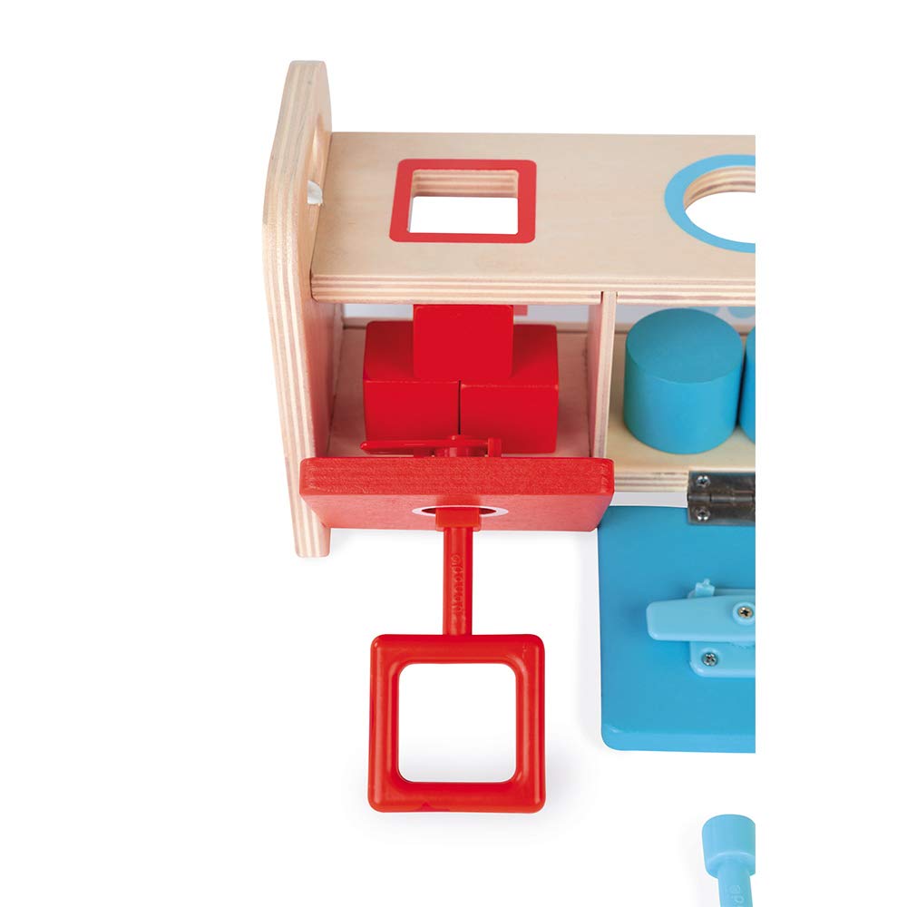 Janod Shape Sorter Box with Keys – Wooden Sorting Toy with Geometric Shapes – Ages 18+ Months- J05065