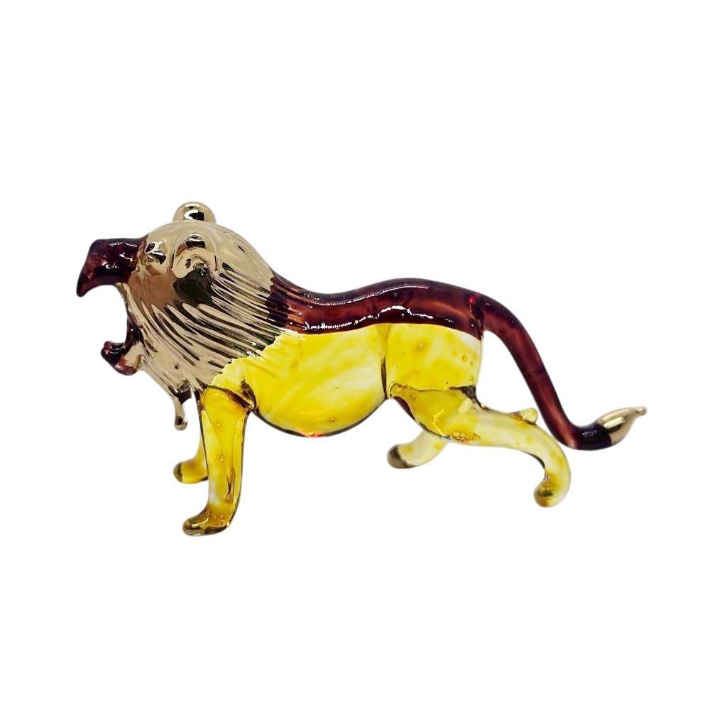 Mr_air_thai_Glass_Blown Tiny 2¾" Yellow Brown Gold Roar Lion - Miniature Hand Blown Glass Tigers Lions Panthera Wild Cats Crystal Wildlife Animal Decorative Figures Collectible Figurines Décor Gifts