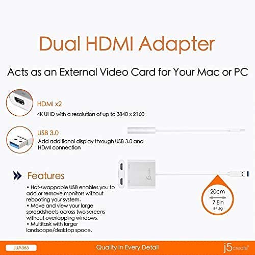 j5create USB to HDMI Adapter - Dual HDMI USB 3.0 Multi-Monitor Cable | 4K + 1080p | Compatible with Windows and macOS (JUA365)