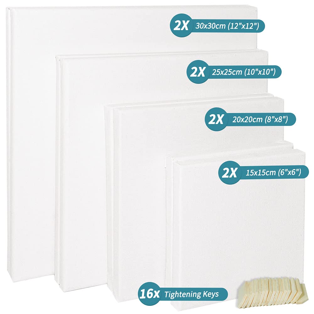 Blank Canvas Boards for Painting, Set of 8 Art Square Canvas Frame Panels, Board Stretcher Academy Acrylic Oil Water Painting, Stretched Wooden Frames, 100% Cotton, Canvases for Kids & Artist