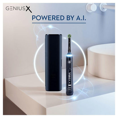 Oral-B Genius X Electric Toothbrush with Artifical Intelligence, App Connected Handle, 1 Toothbrush Head & Travel Case, 6 Mode Display with Teeth Whitening, 2 Pin UK Plug, Black
