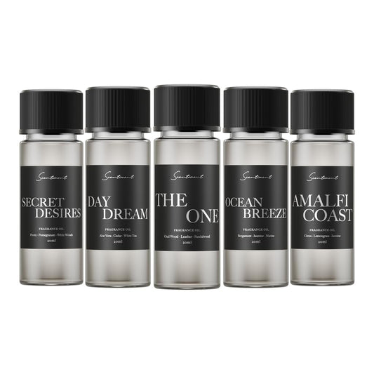 Scentiment Hotel Diffuser Oil Discovery Kit | Inspired by Elite Five Star & Luxury Hotel Scents | Aromatherapy Oils with Notes of Cardamom, Tuscan Leather, and Sandalwood (20ml, Top 5 Scents)