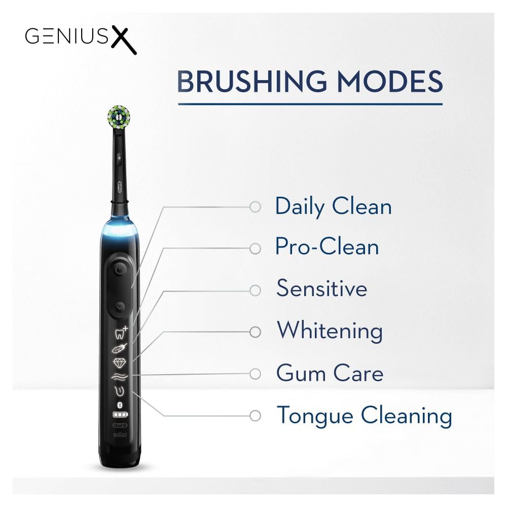 Oral-B Genius X Electric Toothbrush with Artifical Intelligence, App Connected Handle, 1 Toothbrush Head & Travel Case, 6 Mode Display with Teeth Whitening, 2 Pin UK Plug, Black