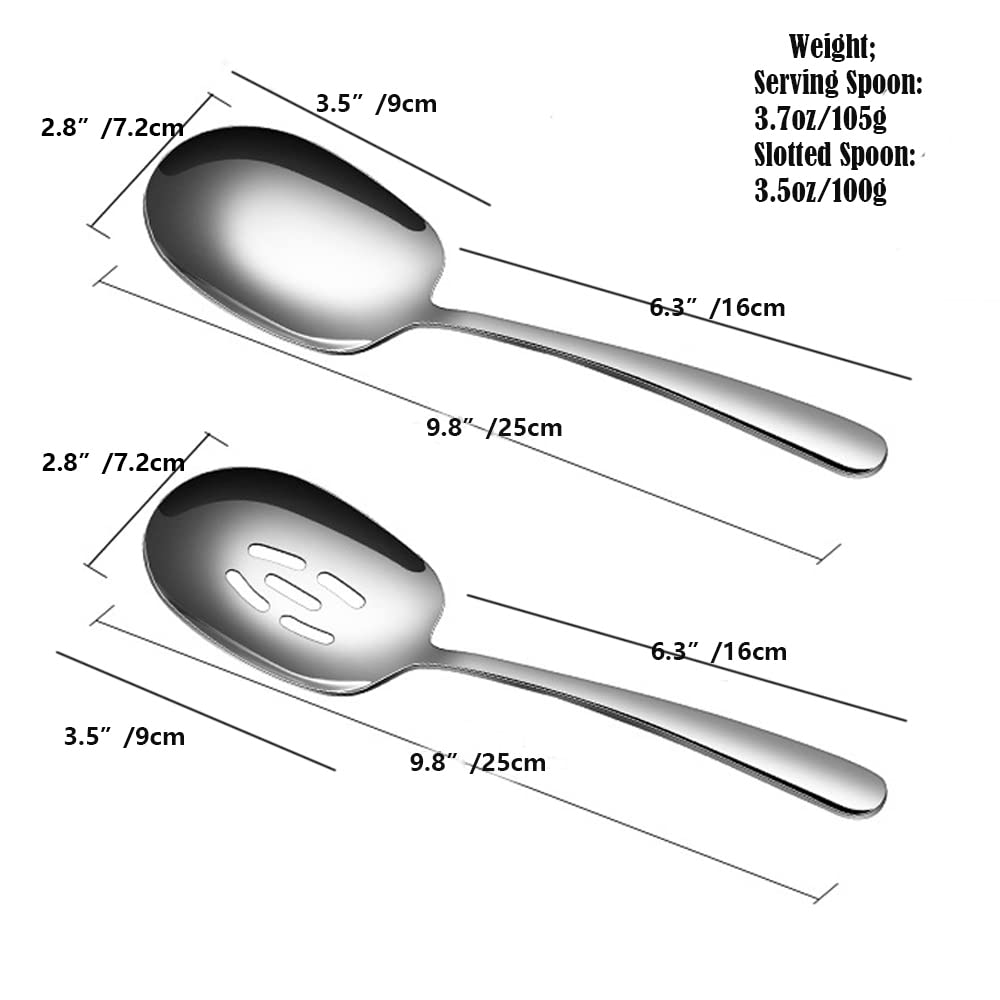 SIAIQIANG Extra Large Serving Spoons Set,18/8 Stainless Steel Slotted Spoon and Serving Spoon,9.8 Inch Buffet Spoons Set,Tabletop Flatware Utensil (2pack)