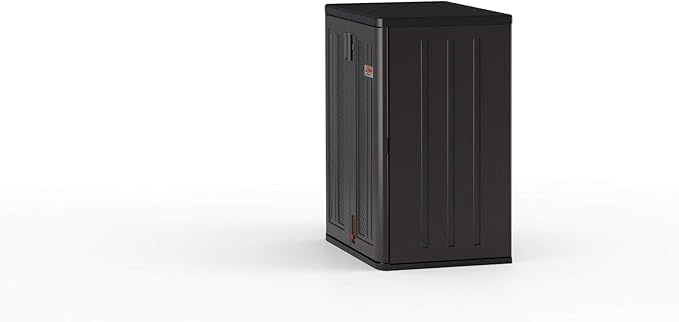 Suncast Heavy-Duty Resin Outdoor Storage Cabinet, 30" W x 20.25" D x 36" H Dark Grey Base Garage Storage Cabinet with Lockable Doors and Metal Reinforced Shelves, Made in The USA