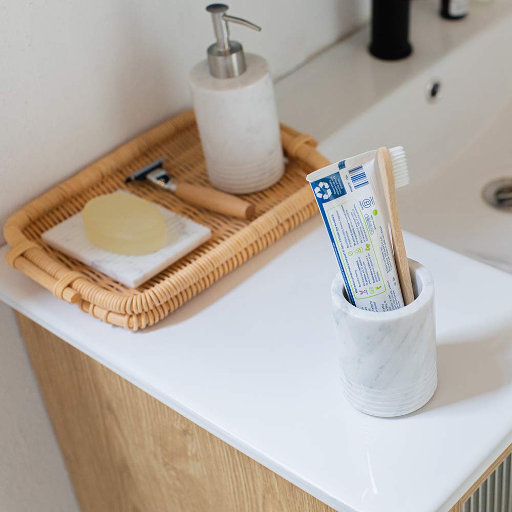 JIMEI Natural Marble SPA Collection Tumbler Toothbrush Holder Makeup Brush Holder Bathroom Countertop Organizer