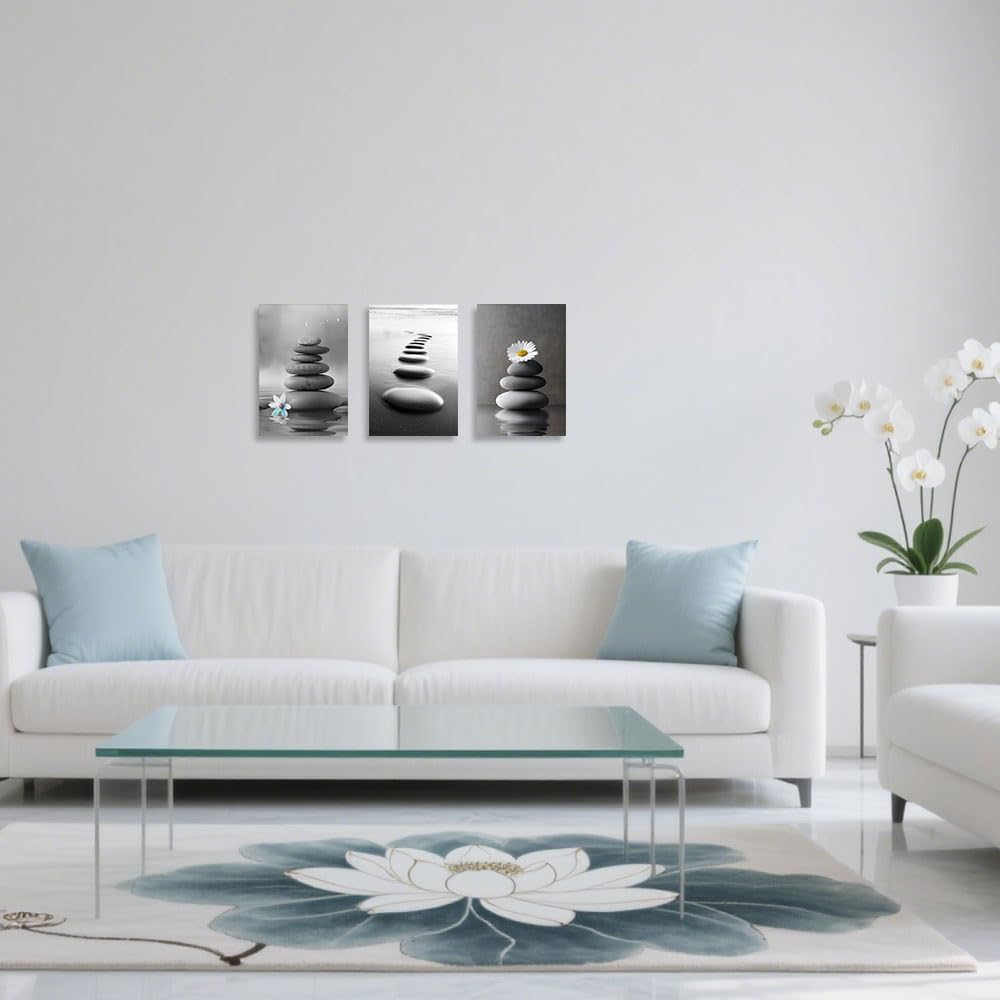 CCWORKERRY 3PCS Zen Stones Canvas Wall Art Black and White Zen Stone Painting Calming Meditation Wall Decor for Yoga Studio Office Spa Bathroom (gray,11W x14L x3)