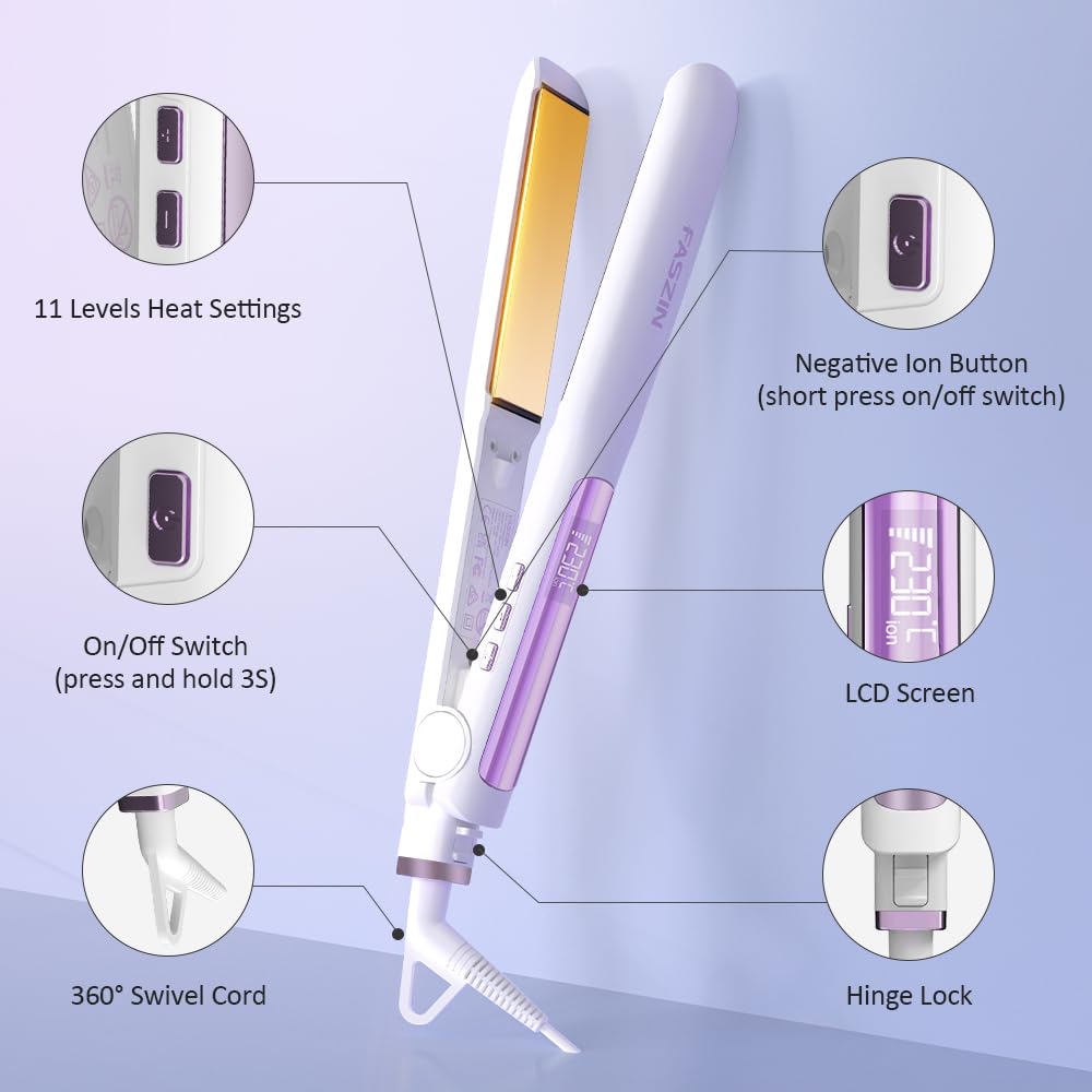 Faszin Hair Straighteners, Ionic Titanium Plate for Smooth Shiny Results, 20S Fast Heat Up Flat Iron, Clear LCD Display (White)