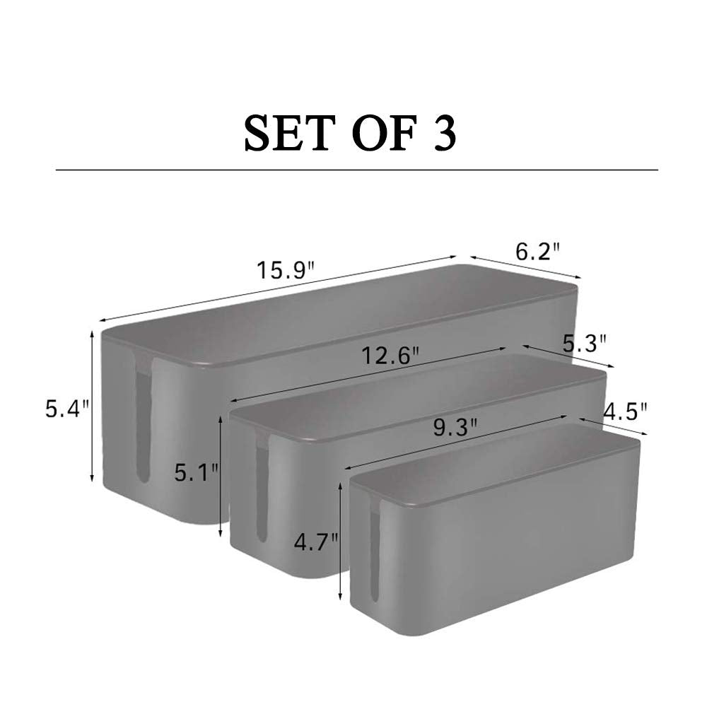 [Set of 3] 3 Cable Management Boxes + 3 Wire Ties, Large Cord Box Organizers to Hold and Hide Power Strip Charger Adapter Power Cord Charging Station USB HUB (Black)