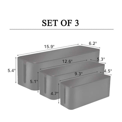 [Set of 3] 3 Cable Management Boxes + 3 Wire Ties, Large Cord Box Organizers to Hold and Hide Power Strip Charger Adapter Power Cord Charging Station USB HUB (Black)