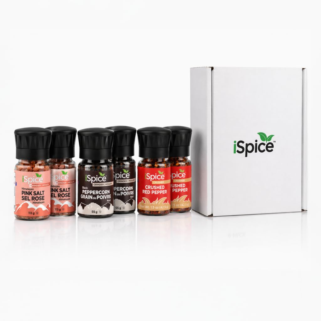 ISpice Kitchen Essentials 6-Pack Spice Grinder Set with Himalayan Pink Salt, Black Peppercorn, and Crushed Red Pepper, 6 Items