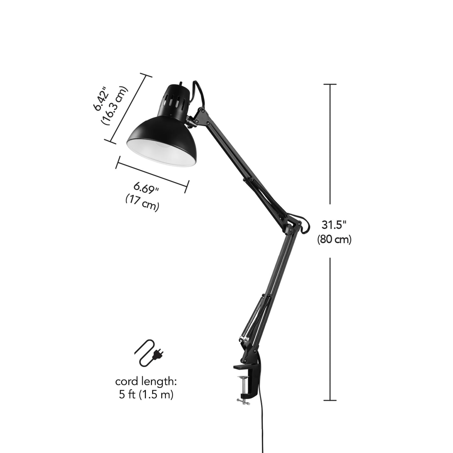 Globe Electric 56963 31.5" Multi-Joint Desk Lamp with Metal Clamp, Black, On/Off Rotary Switch on Shade, Partially Adjustable Swing Arm, Home Essentials, Reading Light, Office Décor