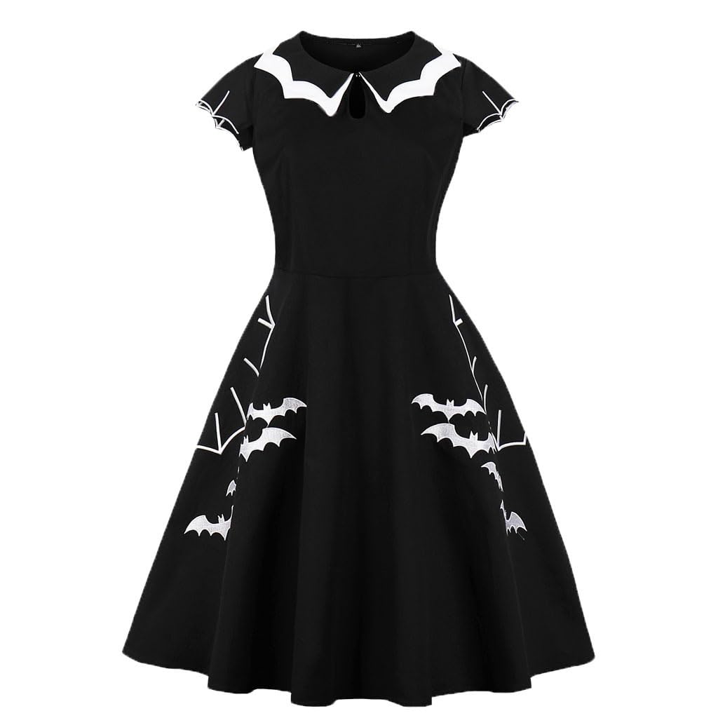 Wellwits Womens Plus Size Bat Spider Web Embroidery Halloween Vintage Dress,Black and White,14-16 Plus