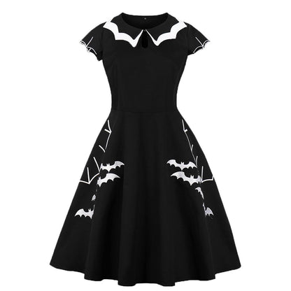 Wellwits Womens Plus Size Bat Spider Web Embroidery Halloween Vintage Dress,Black and White,14-16 Plus