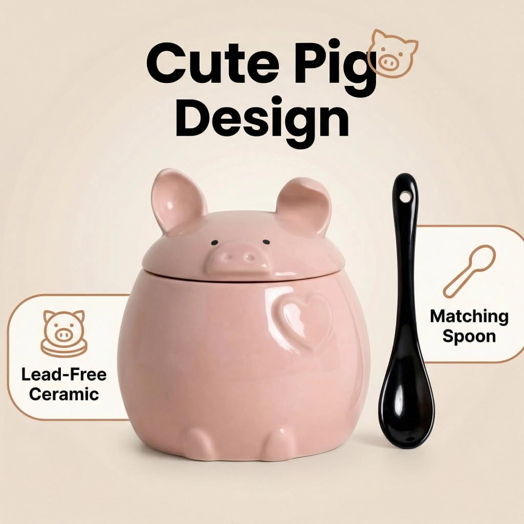 WUYIAZHI Pig Shaped Sugar Bowl with Lid and Spoon, Pink Ceramic 12 oz Container for Sugar, Salt, Spices