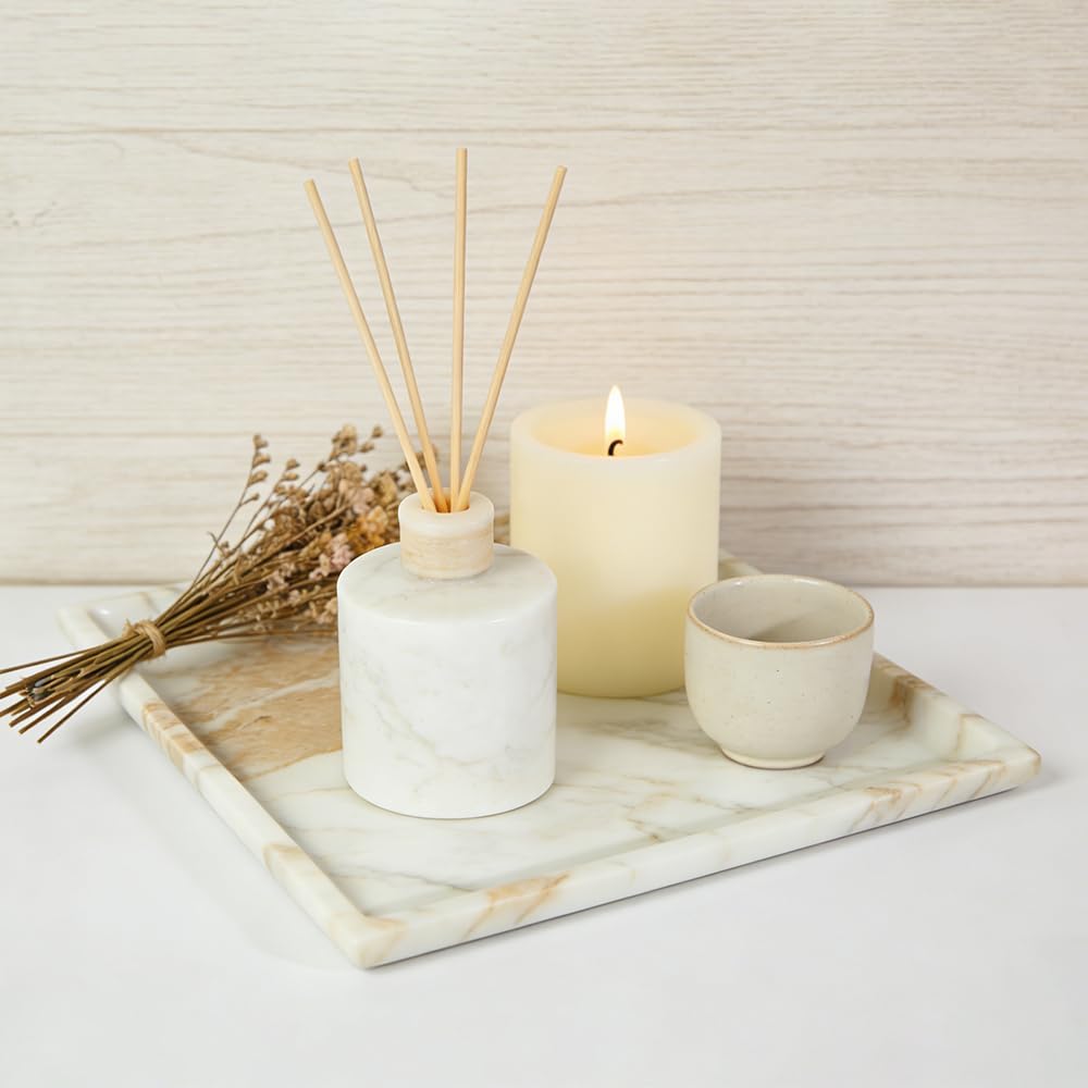 DUANYAN Natural Marble Tray for Kitchen Counter Living Room, Stone Plate for Fruit Jewelry Perfume Cosmetics Key, Decorative Tray for Table Decor (Calacatta-Glod/Square 9.8"x9.8"x0.7")