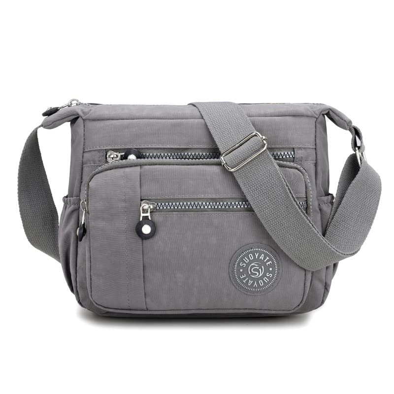 Womens Multi Pocket Casual Canvas Crossbody Bag Travel Purse Messenger Handbag for Shopping Hiking Daily Use (Gray)