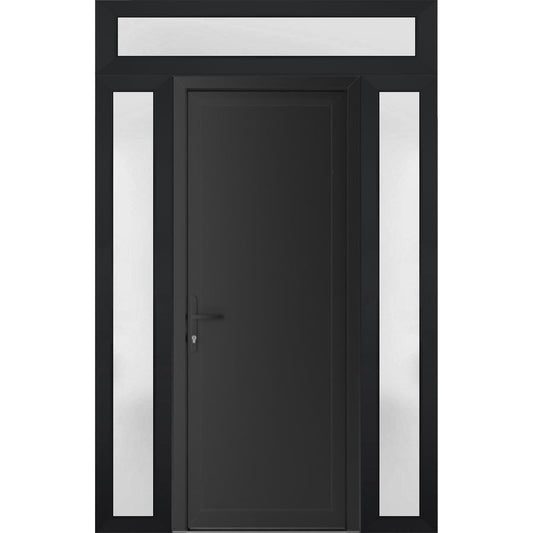 VDOMDOORS Front Exterior Prehung Metal-Plastic Door Frosted Glass | Manux 8111 Matte Black | 2 Side, Top Sidelite Transom | Doors Entrance Patio Garage 64 x 94 (W14+36+14 x H80+14) Right-Inswing