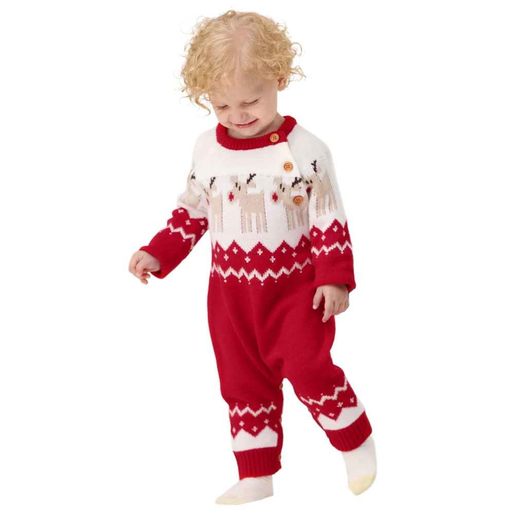 mimixiong Baby Christmas Sweater Toddler Reindeer Outfit Long Sleeve Red Clothes (0-6Months,Red-Jumpsuit)