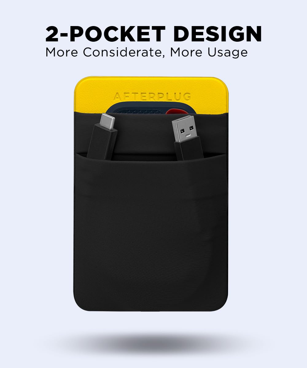 Afterplug 2-Pocket Adhesive Storage Pouch, Laptop Accessory Organizer for SSD, Magic Mouse, Cables, Black and Yellow
