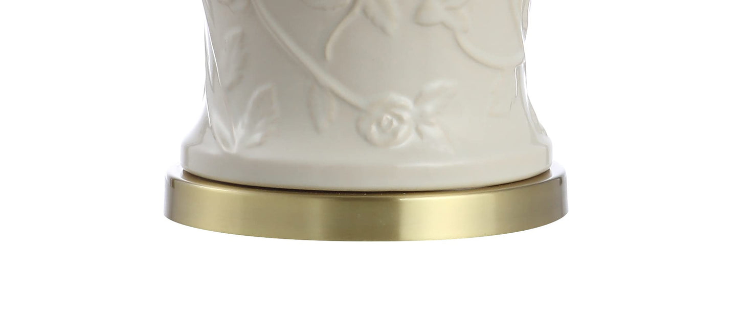 JONATHAN Y 29.5" Cream Ceramic Chinoiserie Table Lamp, Traditional Ginger Jar Lamp for Living Room Bedroom, White Linen Empire Shade, Brass Gold Base, LED Bulb Included JYL6604A