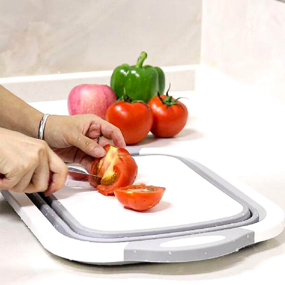 QiMH Collapsible Cutting Board - Foldable Multi-function Dish Tub - Washing and Draining Veggies Fruits Food Grade Sink Storage Basket(8.5 Quart) - New Kitchen and Camping Essentials(Knife Included)