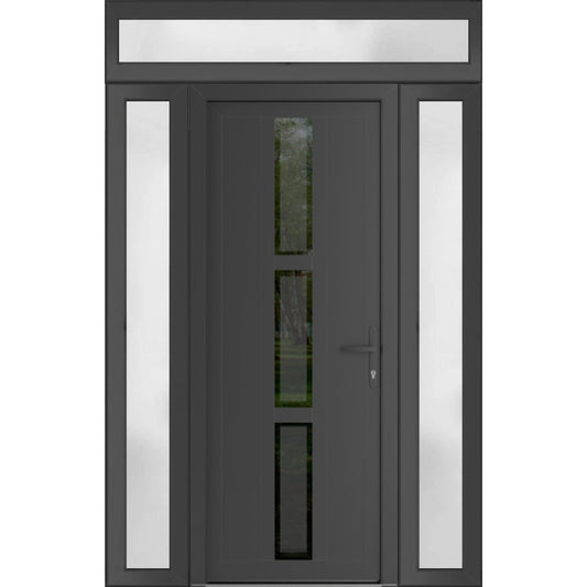 VDOMDOORS Front Exterior Prehung Metal-Plastic Door Frosted Glass | Manux 8112 Antracite Grey | 2 Side, Top Sidelite Transom | Doors Entrance Patio Garage 60 x 94 (W12+36+12 x H80+14) Left-Inswing