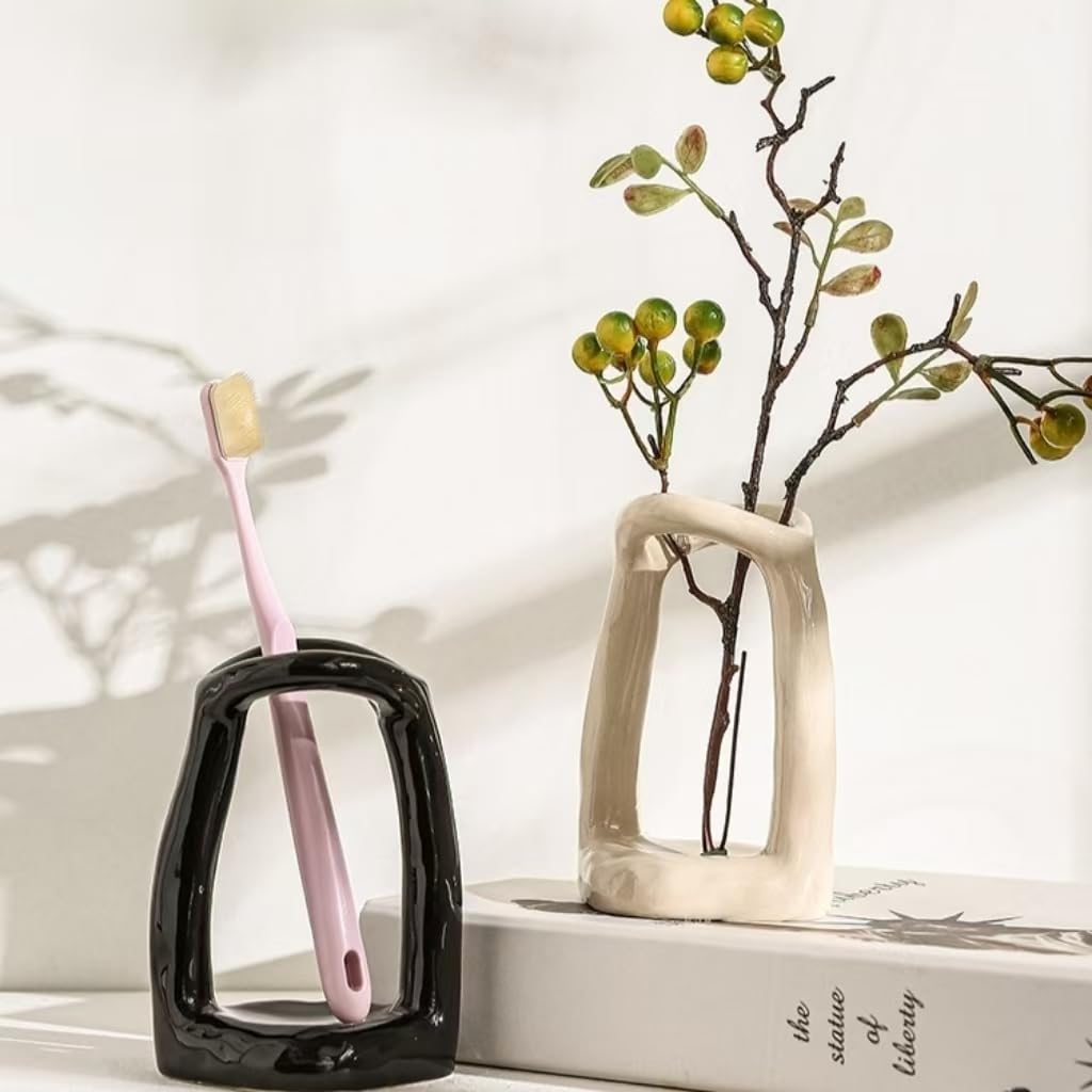 East–BrightenZF Handmade Ceramic Holder Stand for Toothbrushes, Makeup Brushes, and Pens - Minimalist Design for Bathroom Vanity and Countertops Decor (Milky White)