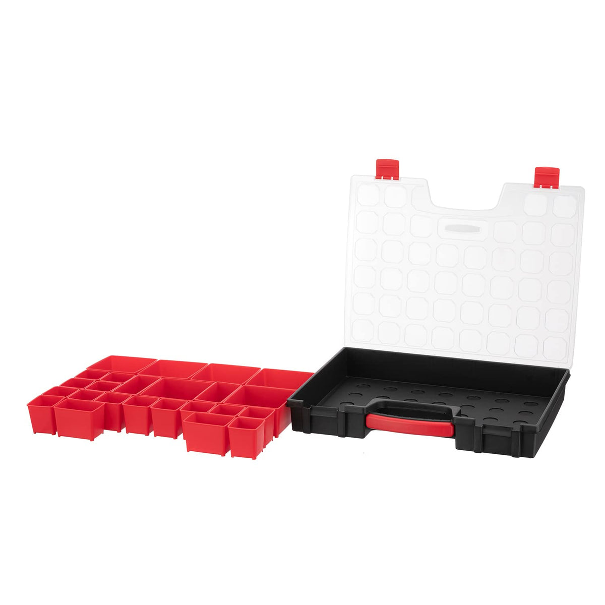 INTERTOOL Hardware Organizer with 24 Removable Bins - Small Parts Storage Tool Box for Nuts, Bolts, Screws, Nails - Portable Handle Transparent Lid with Locks BX08-4033