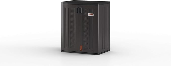 Suncast Heavy-Duty Resin Outdoor Storage Cabinet, 30" W x 20.25" D x 36" H Dark Grey Base Garage Storage Cabinet with Lockable Doors and Metal Reinforced Shelves, Made in The USA