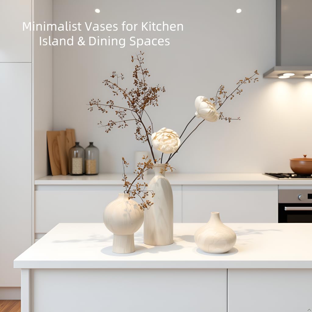 SincereLuxe White Ceramic Vase Set of 3 in Beige, Modern Aesthetic Stone-Look Textured Pottery Vases for Shelf & Bookshelf Home Decor, Neutral Minimalist Decorative Vases for Flowers & Pampas Grass