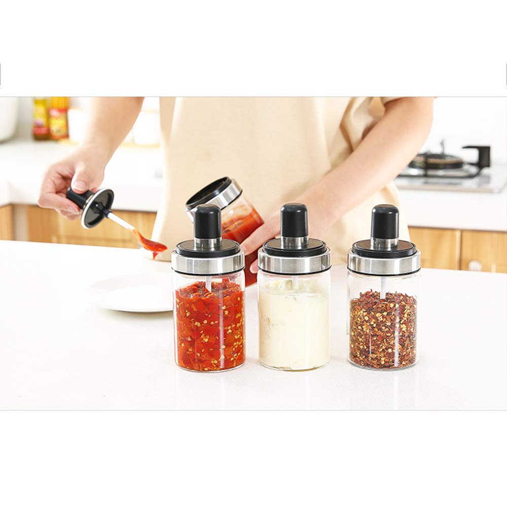 TENTA KITCHEN 3 High Borosilicate Glass Spice Jars Seasonning Box Jar Condiment Jar, Combination Spoon and Lid Design, Premium Commercial Grade, Empty Jars 8.45 oz, Airtight Cap.