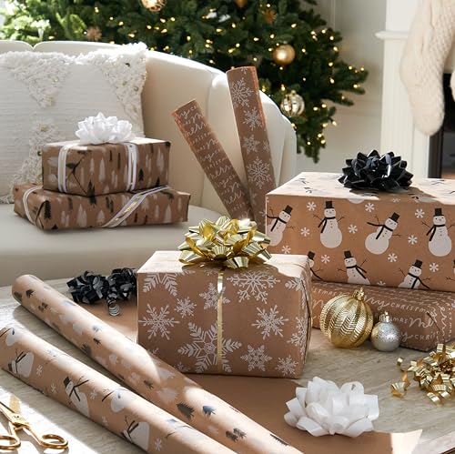 American Greetings Vintage Kraft Christmas Wrapping Paper Rolls, Black, White, and Brown Kraft Holiday Gift Wrap (80 sq. ft., 4 Rolls-30 in. x 8 ft.) Snowflakes, Snowmen, Trees, Merry Christmas